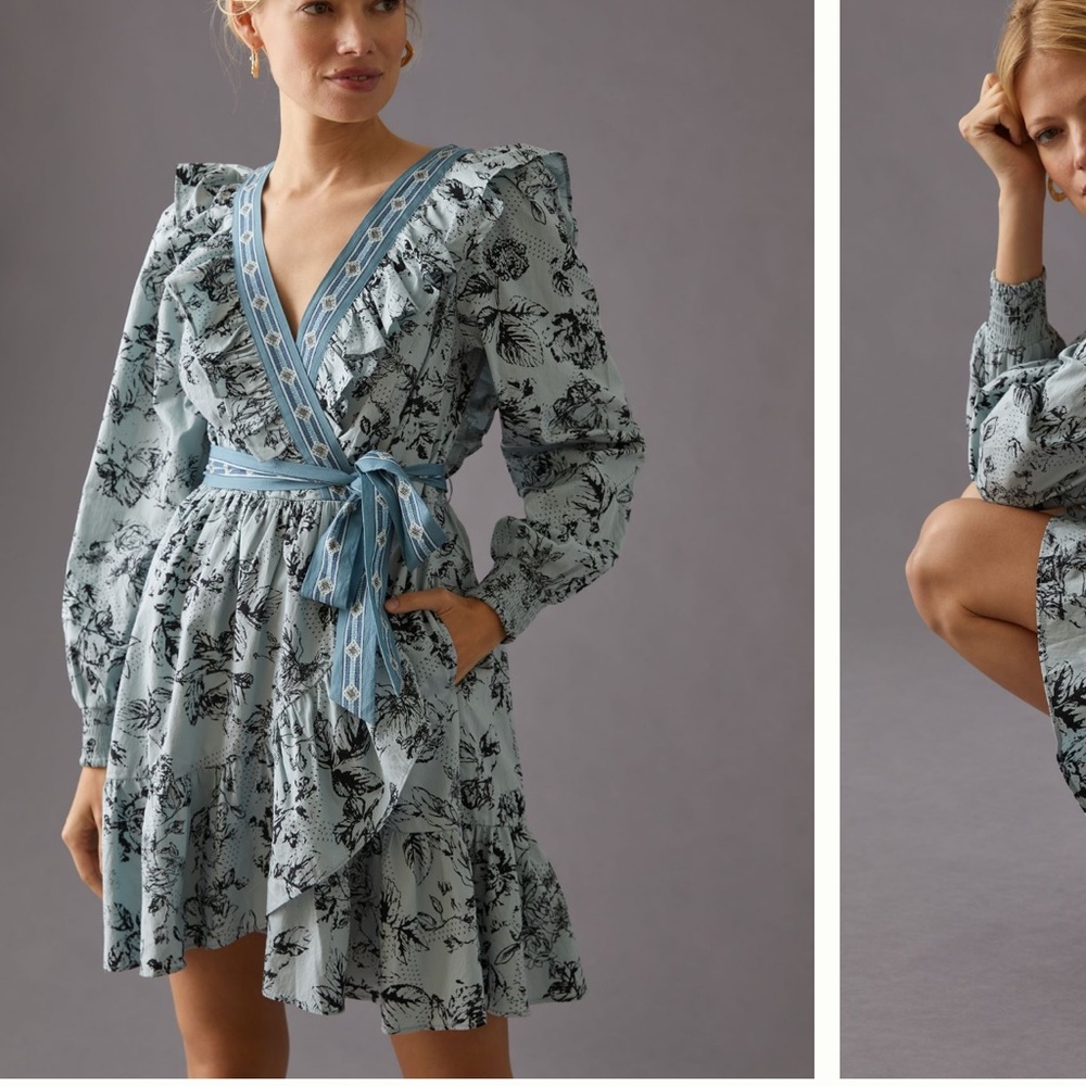 Blue Anthropologie ruffle wrap mini dress